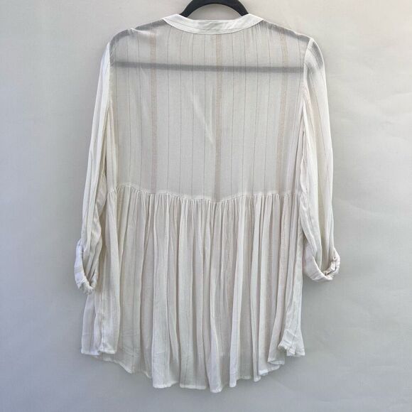 Thread & Supply Women's White Metallic Gold Stripes Roll Tab Sleeve Blouse Small - Picture 4 of 5
